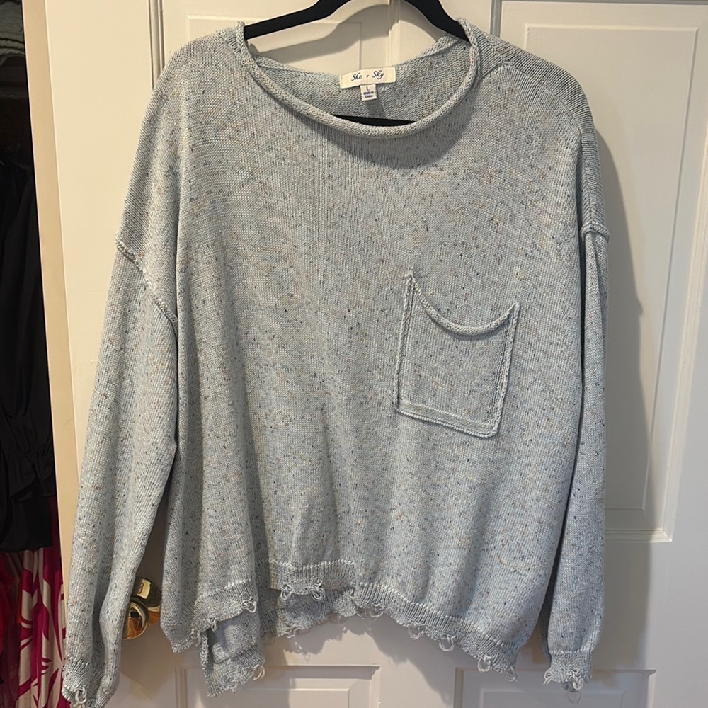 She + Sky Speckled Light Blue Sweater- Size Large